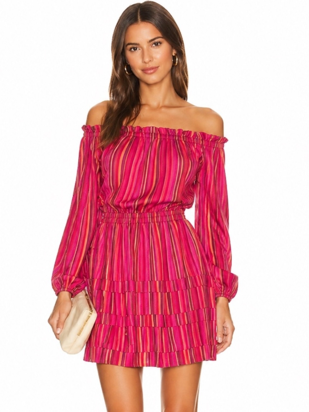BURU Cotton Striped Off Shoulder Mini Dress Pink Size XS